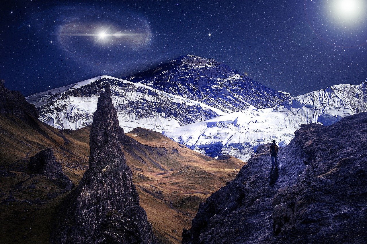 mountains, space, landscape, nature, sky, adventure, night sky, outdoors, light, universe, night, galaxy, milky, peak, rock, hiking, astronomy, scenic, star, starry, freedom, planet, moon, man, blue moon, blue stars, blue galaxy, blue night, blue universe, blue rock, blue planet